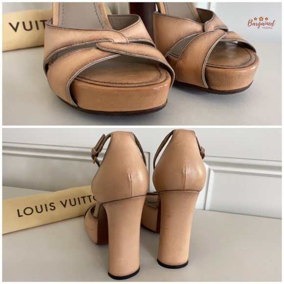 Authentic Louis Vuitton Nude Brown Distressed Leather Open Toe Platform Heel 7.5 - Picture 12 of 14